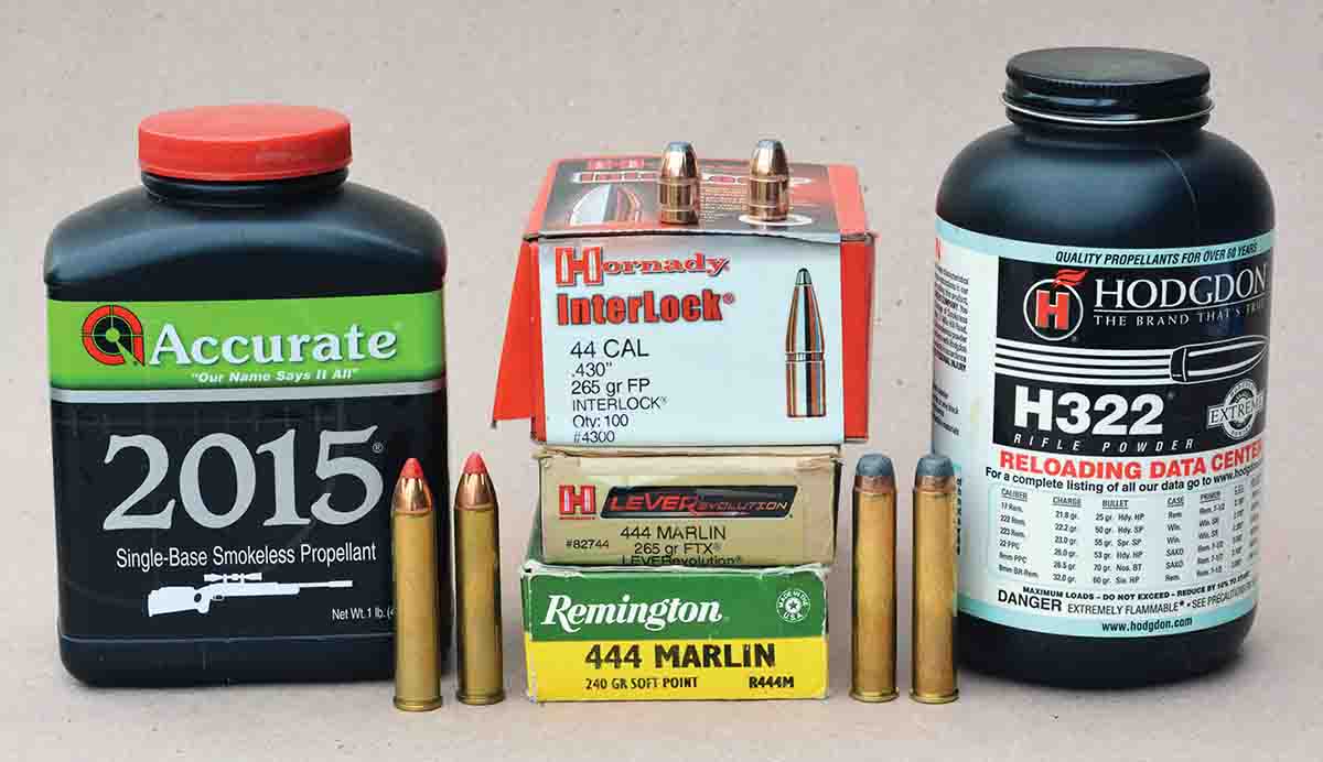 To help prevent .444 Marlin bullets from deep seating in the magazine tube, a heavy roll-crimp should be applied. Choosing a powder that utilizes 100 percent or more of the case capacity will serve to support the base of the bullet and prevents deep seating. Examples include Hodgdon H-322 and Accurate 2015.